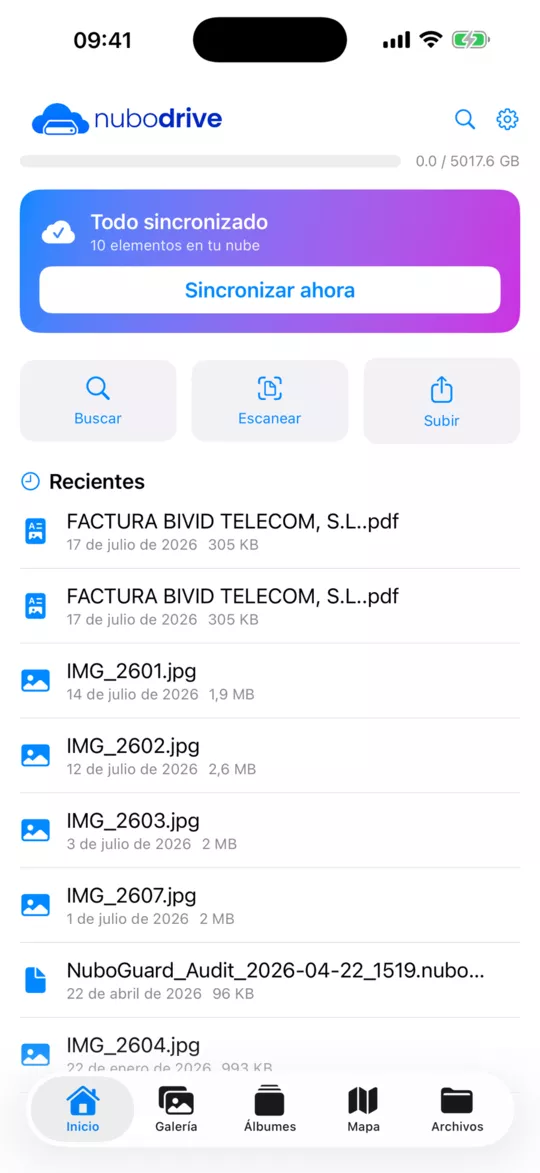 Pantalla de inicio de la app NuboDrive