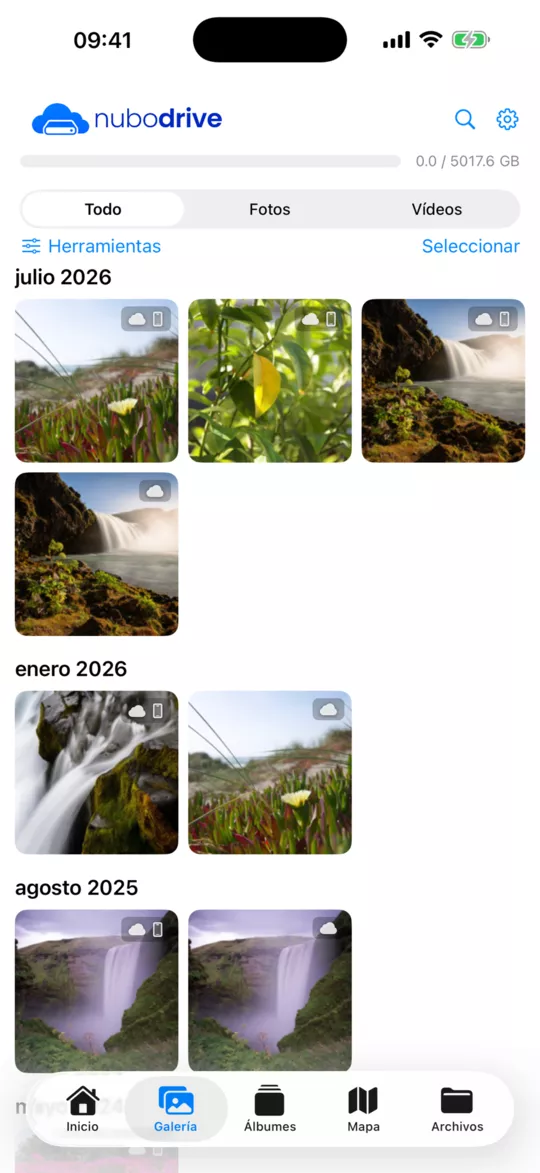 Galería de fotos en la app NuboDrive